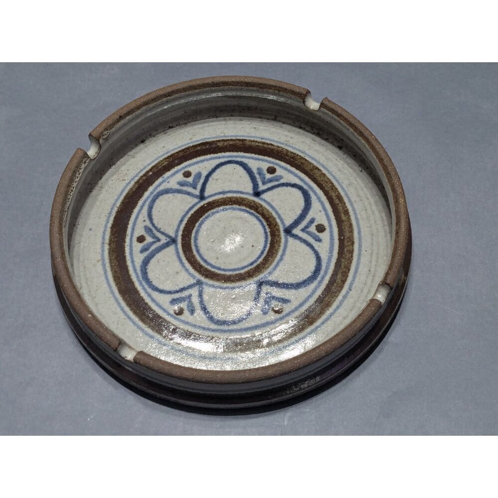Stoneware Pottery Ashtray Glazed  Blue Floral Design Vintage 6 in Across Signed